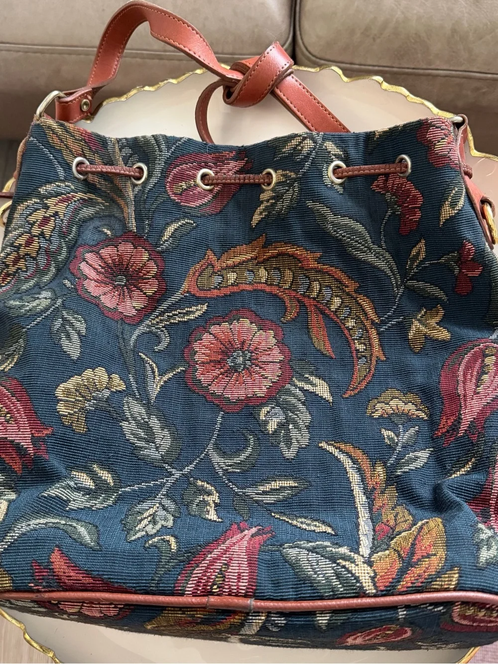 Vtg Ponte Vecchio Tapestry Floral Bucket Bag Drawstring Made in USA AS IS